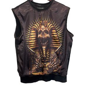 Hudson Outerwear Black Gold Skeleton Print Sleeveless Shirt Satin Size 2XL *Read